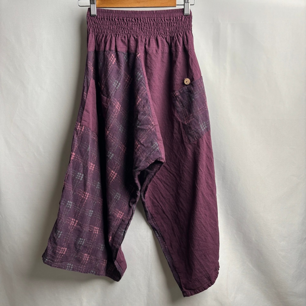 Om Shantipi Purple Cotton Patchwork Harem Pants Boho Hippie Drop Crotch Smocked